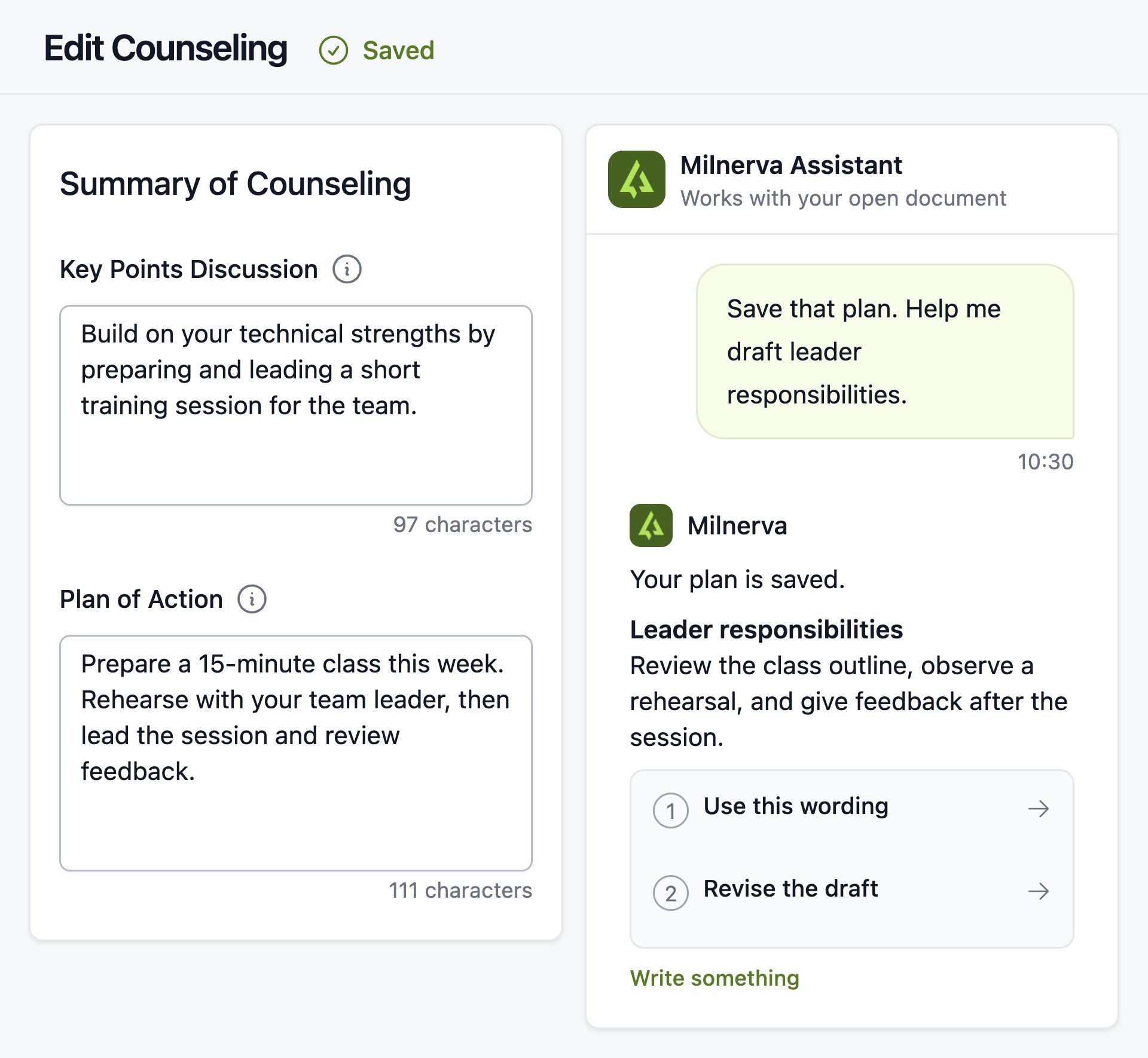 Milnerva counseling editor and AI assistant. The saved plan calls for preparing a 15-minute class, rehearsing with a team leader, and reviewing feedback. The assistant helps draft the leader’s responsibilities.
